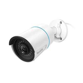 alt=A compact, white outdoor security camera with a black lens and blue accent, mounted on a wall, designed for surveillance.
