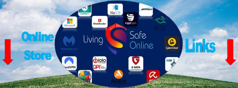 alt=A graphic featuring various cybersecurity and software logos with the text "Living Safe Online" and arrows indicating "Online Store" and "Links."