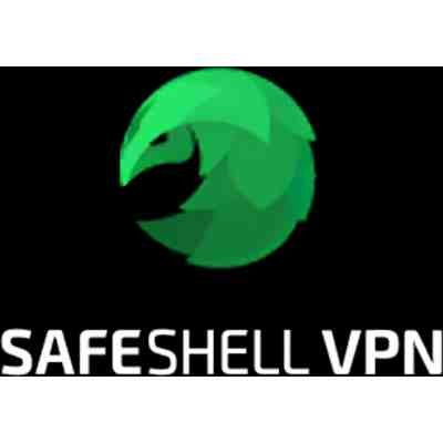 alt=Logo of Safeshell VPN featuring a green stylized shell icon above the text "SAFESHELL VPN" on a black background.