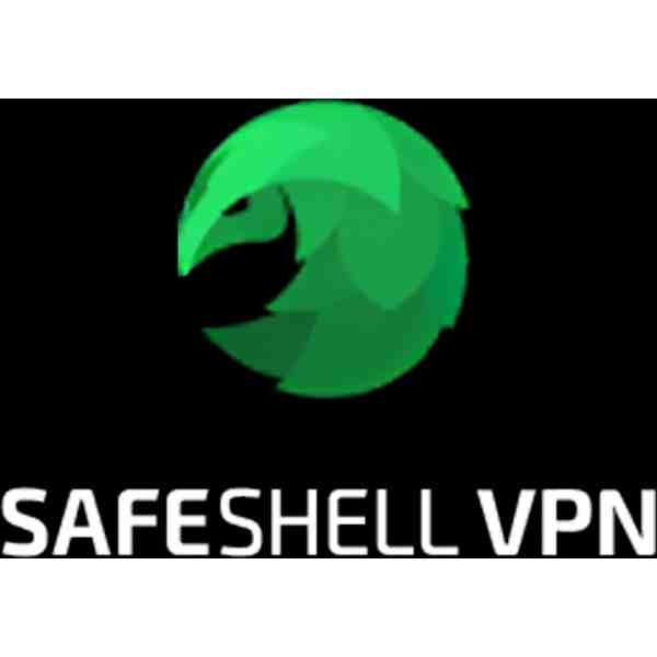 alt=Logo of Safeshell VPN featuring a green stylized shell icon above the text "SAFESHELL VPN" on a black background.