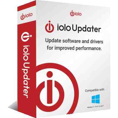 alt=Box design for iolo Updater software, highlighting its function to update software and drivers for better performance and compatibility with Windows.