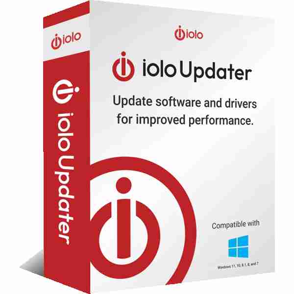alt=Box design for iolo Updater software, highlighting its function to update software and drivers for better performance and compatibility with Windows.