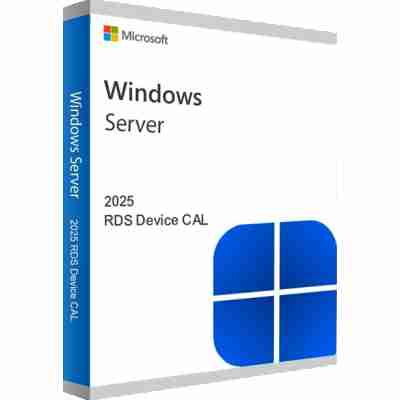 alt=Box for Microsoft Windows Server 2025 RDS Device CAL, featuring the Windows logo and title on a sleek, modern design.