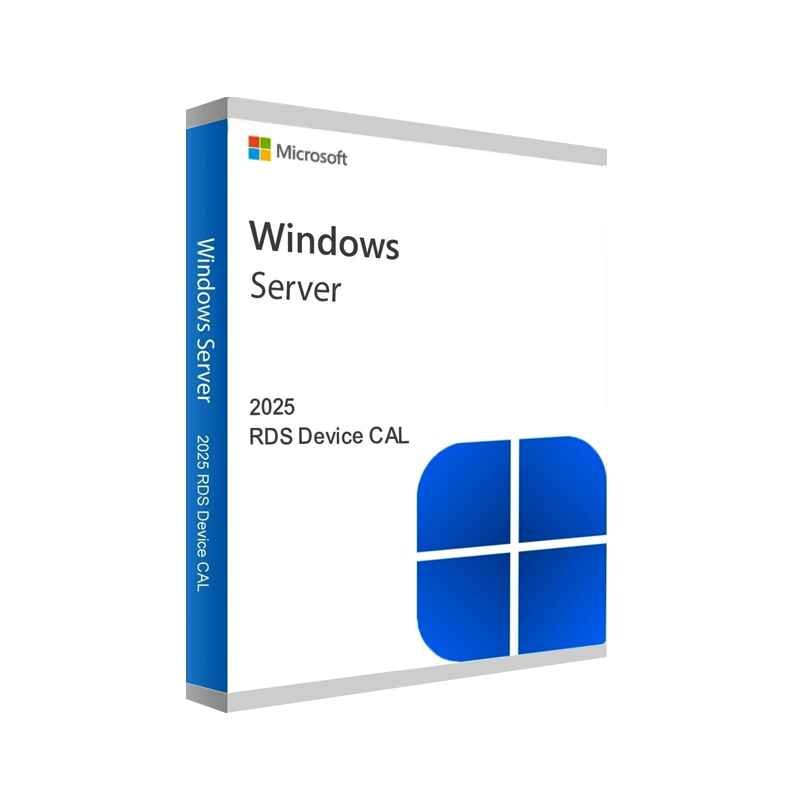 alt=Box for Microsoft Windows Server 2025 RDS Device CAL, featuring the Windows logo and title on a sleek, modern design.