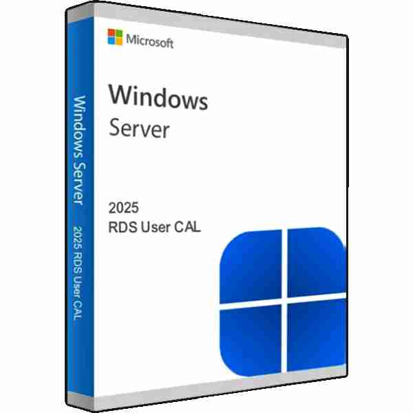 alt=Microsoft Windows Server 2025 software package featuring RDS User CAL, showcased in a sleek, modern box design.