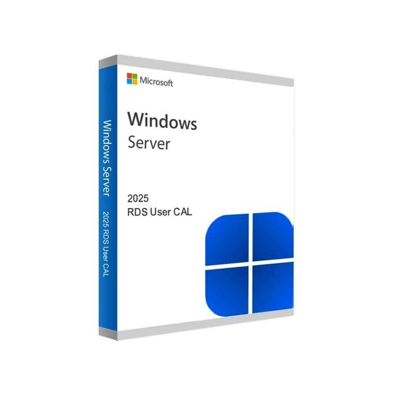 alt=Microsoft Windows Server 2025 software package featuring RDS User CAL, showcased in a sleek, modern box design.