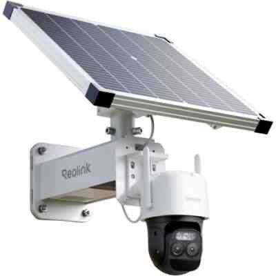 alt=Reolink solar-powered security camera mounted on a wall, featuring a sleek design with a solar panel above the camera unit.