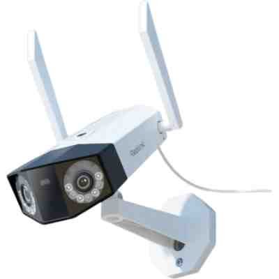 alt=A wireless security camera with dual antennas, featuring lenses and LED lights, mounted on a white bracket.