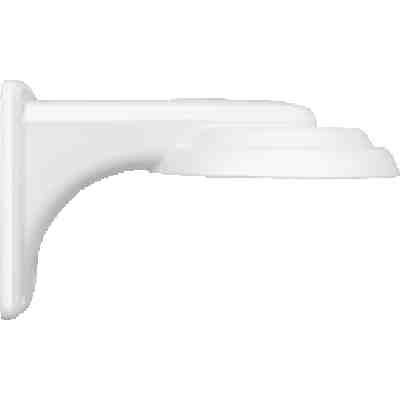 alt=White wall-mounted light fixture with a sleek, rounded design, casting light downward from a wide shade.