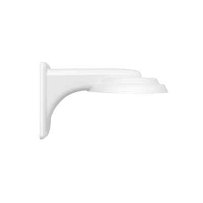 alt=White wall-mounted light fixture with a sleek, rounded design, casting light downward from a wide shade.