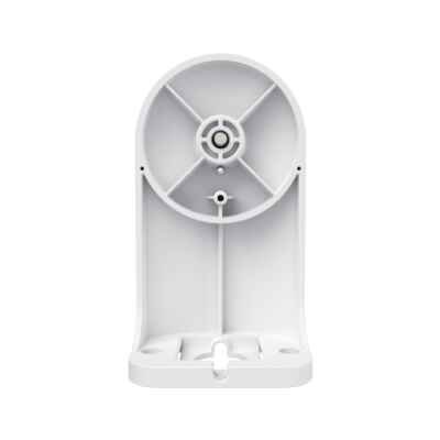 alt=A front view of a white plastic mount with a circular top and a flat base, designed for securely holding a device.