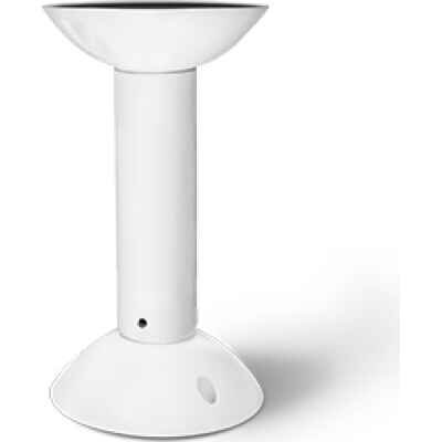 alt=White modern lamp with a bowl-shaped shade and a slender neck, featuring a circular base and a minimalist design.