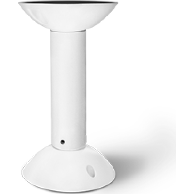 alt=White modern lamp with a bowl-shaped shade and a slender neck, featuring a circular base and a minimalist design.