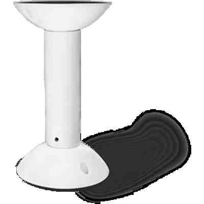 alt=White modern lamp with a bowl-shaped shade and a slender neck, featuring a circular base and a minimalist design.