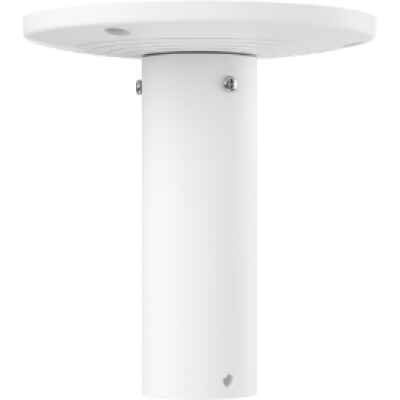 alt=White round table with a cylindrical base, featuring an integrated lighting element on the underside of the tabletop.