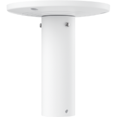 alt=White round table with a cylindrical base, featuring an integrated lighting element on the underside of the tabletop.