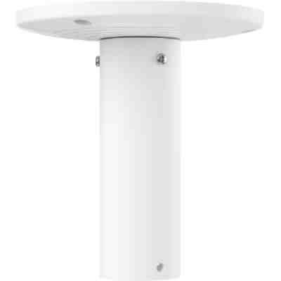 alt=White round table with a cylindrical base, featuring an integrated lighting element on the underside of the tabletop.