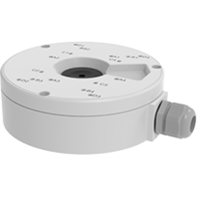 alt=White circular device with labeled indicators on top, featuring a connector on the side, used for electronic or sensor applications.