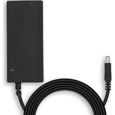 alt=Black power adapter with a long cable and cylindrical connector, set against a plain black background.