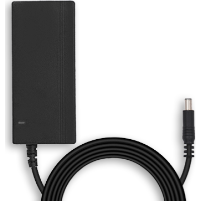 alt=Black power adapter with a long cable and cylindrical connector, set against a plain black background.