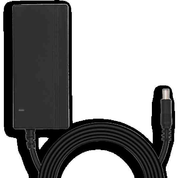 alt=Black power adapter with a long cable and cylindrical connector, set against a plain black background.