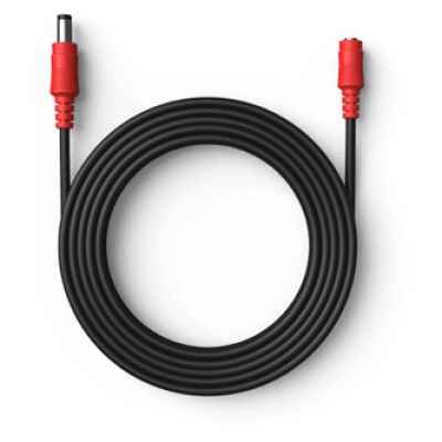 alt=A coiled black electrical cable with red connectors on both ends, designed for power or signal transmission.