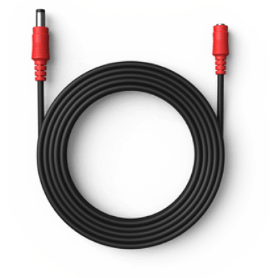 alt=A coiled black electrical cable with red connectors on both ends, designed for power or signal transmission.