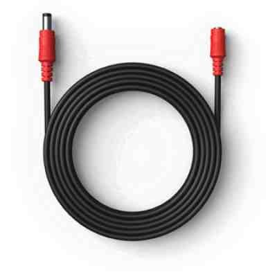 alt=A coiled black electrical cable with red connectors on both ends, designed for power or signal transmission.