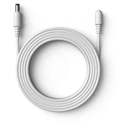 alt=A coiled white cable with connectors at both ends, positioned on a light background.