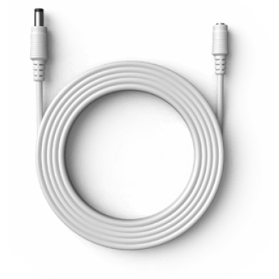 alt=A coiled white cable with connectors at both ends, positioned on a light background.