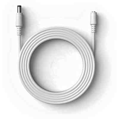alt=A coiled white cable with connectors at both ends, positioned on a light background.
