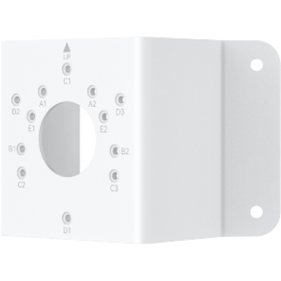 alt=White electronic mounting bracket with labeled input/output ports for connections, featuring a central hole and side mounting holes.