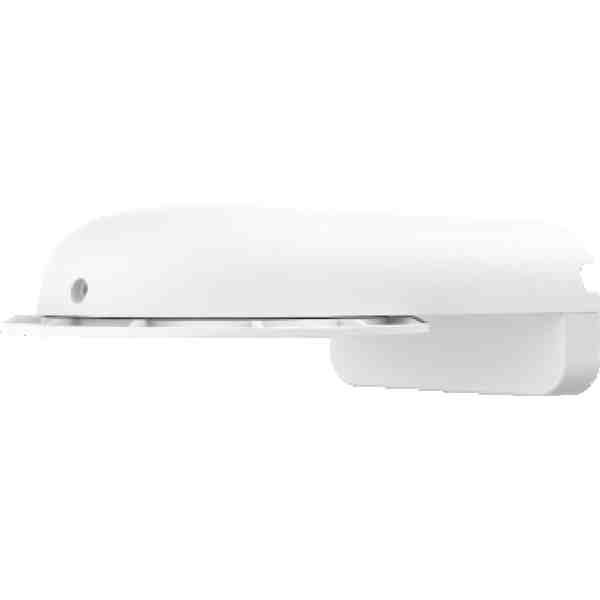alt=White, minimalist wall-mounted light fixture with a rounded design and protective cover, ideal for contemporary spaces.