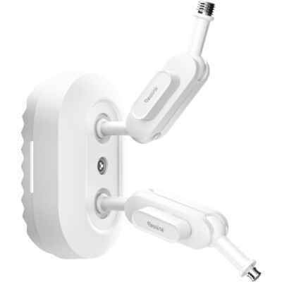 alt=A white security camera mounting bracket featuring two adjustable arms for flexible positioning and optimal camera placement.