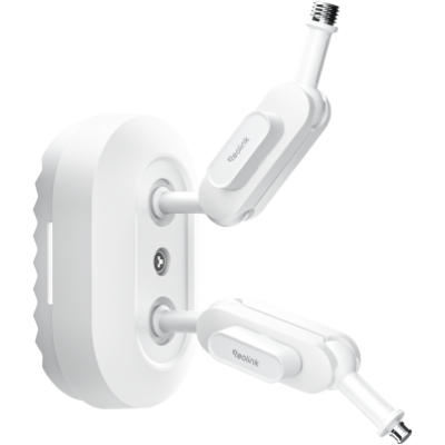alt=A white security camera mounting bracket featuring two adjustable arms for flexible positioning and optimal camera placement.