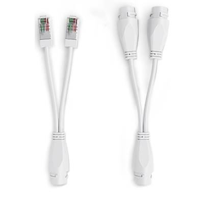 alt=Two sets of white network cable connectors with color-coded pins, designed for easy connections and extensions.