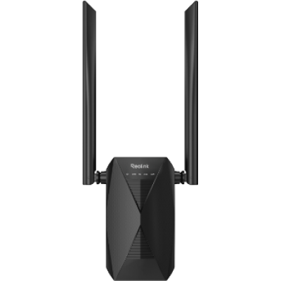 alt=A sleek black Wi-Fi extender with two external antennas, designed to enhance wireless internet connectivity and coverage.