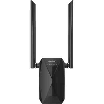 alt=A sleek black Wi-Fi extender with two external antennas, designed to enhance wireless internet connectivity and coverage.