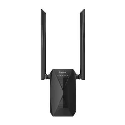 alt=A sleek black Wi-Fi extender with two external antennas, designed to enhance wireless internet connectivity and coverage.
