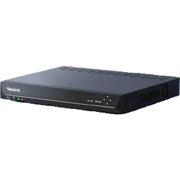 alt=A sleek black Reolink NVR (Network Video Recorder) with LED indicators and ventilation, designed for security camera systems.