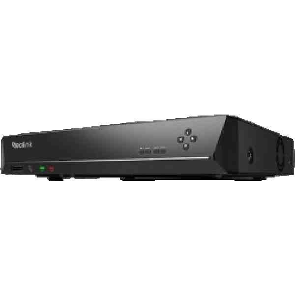 alt=A sleek black media player with indicator lights and buttons, angled to showcase its modern design and connectivity ports.