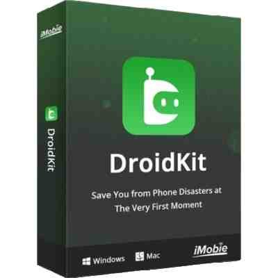 alt=DroidKit software box design featuring a green logo and tagline: "Save You from Phone Disasters at The Very First Moment." Compatible with Windows and Mac.