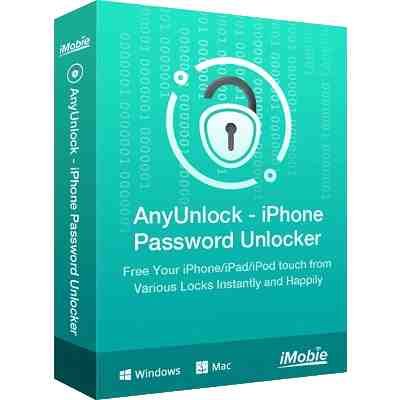 alt=A product box for AnyUnlock, an iPhone password unlocking software, featuring a keylock symbol and text about freeing devices from locks.