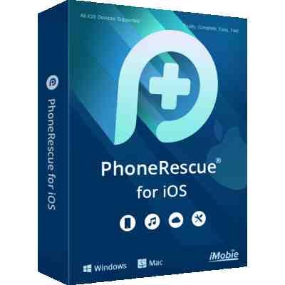 alt=Product box for PhoneRescue software, designed for iOS devices, featuring a modern blue design, logo, and support for Windows and Mac.