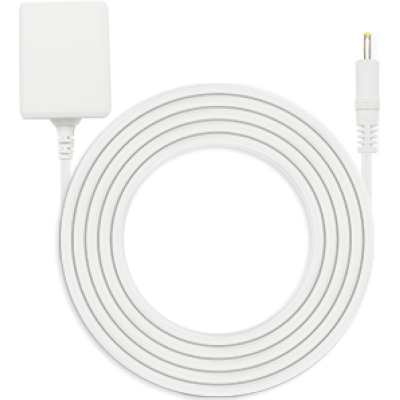 alt=A coiled white charging cable with a rectangular adapter and a connector at one end, set against a plain background.