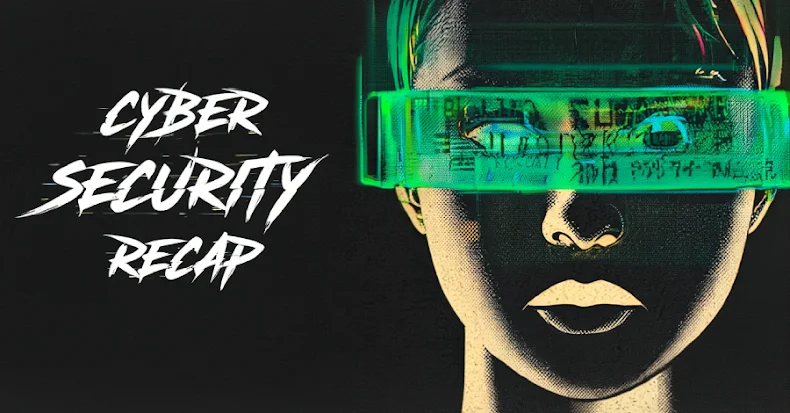 alt=An illustration featuring a figure with headphones, surrounded by a dark background and the words "CYBER SECURITY RECAP" in bold, stylized font.