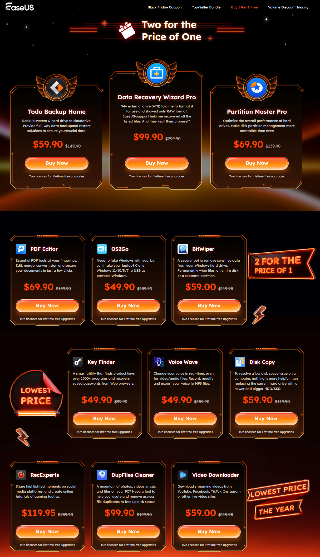 alt=EaseUS promotional image showcasing software bundles with discounted prices, featuring Black Friday deals and lifetime free upgrades.