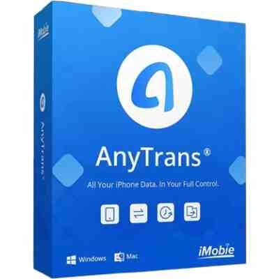 alt=Blue software box for AnyTrans by iMobie, featuring icons for iPhone data management, with "All Your iPhone Data. In Your Full Control."