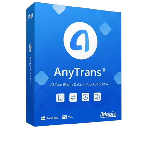 alt=Blue software box for AnyTrans by iMobie, featuring icons for iPhone data management, with "All Your iPhone Data. In Your Full Control."
