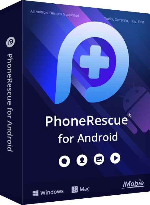 alt=Box design for PhoneRescue for Android featuring the app logo and text indicating support for all Android devices.